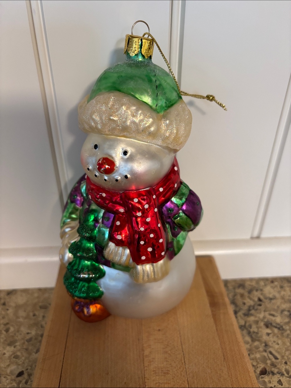 Vintage Glass Snowman Holiday Ornament - Green Hat, Red Scarf